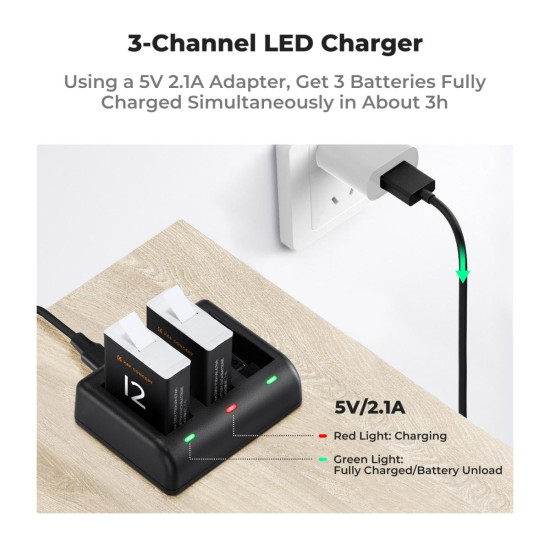 2 Pack 1730mAh Batteries for GoPro Hero 12/11/10/9 Black, with 3-Channel LCD USB Fast Charger